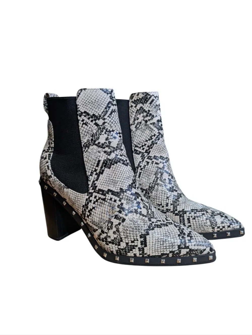 Katlui Snake Print Studded Chelsea Ankle Boots Size 40 Block Heel